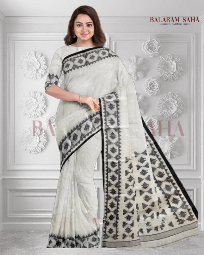 White & Black Handwoven Traditional Fine Cotton Jamdani Saree By Balaram Saha - (dhakai jamdani saree, jamdani saree, jamdani sarees, cotton jamdani saree, jamdani cotton saree, handloom cotton saree, balaram saha online, jamdani saree online, soft jamdani saree, muslin jamdani saree, original dhakai jamdani saree, jamdani sarees,soft dhakai jamdani saree, white jamdani saree, jamdani saree bangladesh )
