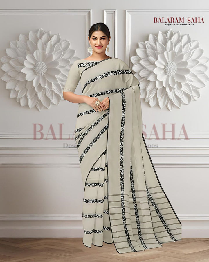White & Black Soft Handloom Cotton Saree Balaram Saha