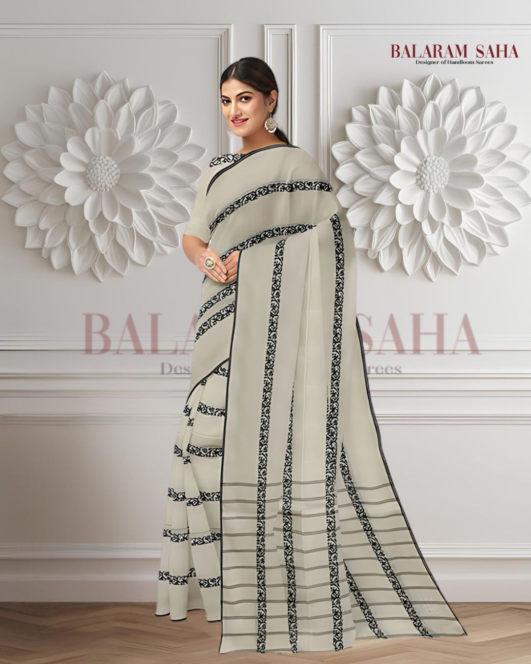 White & Black Soft Handloom Cotton Saree Balaram Saha