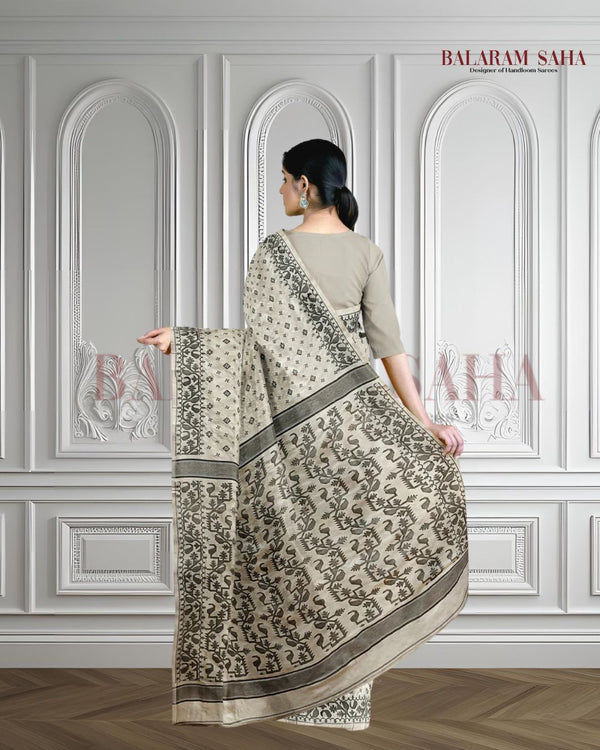 CREAM AND BLACK KATAN SILK SAREE Balaram Saha