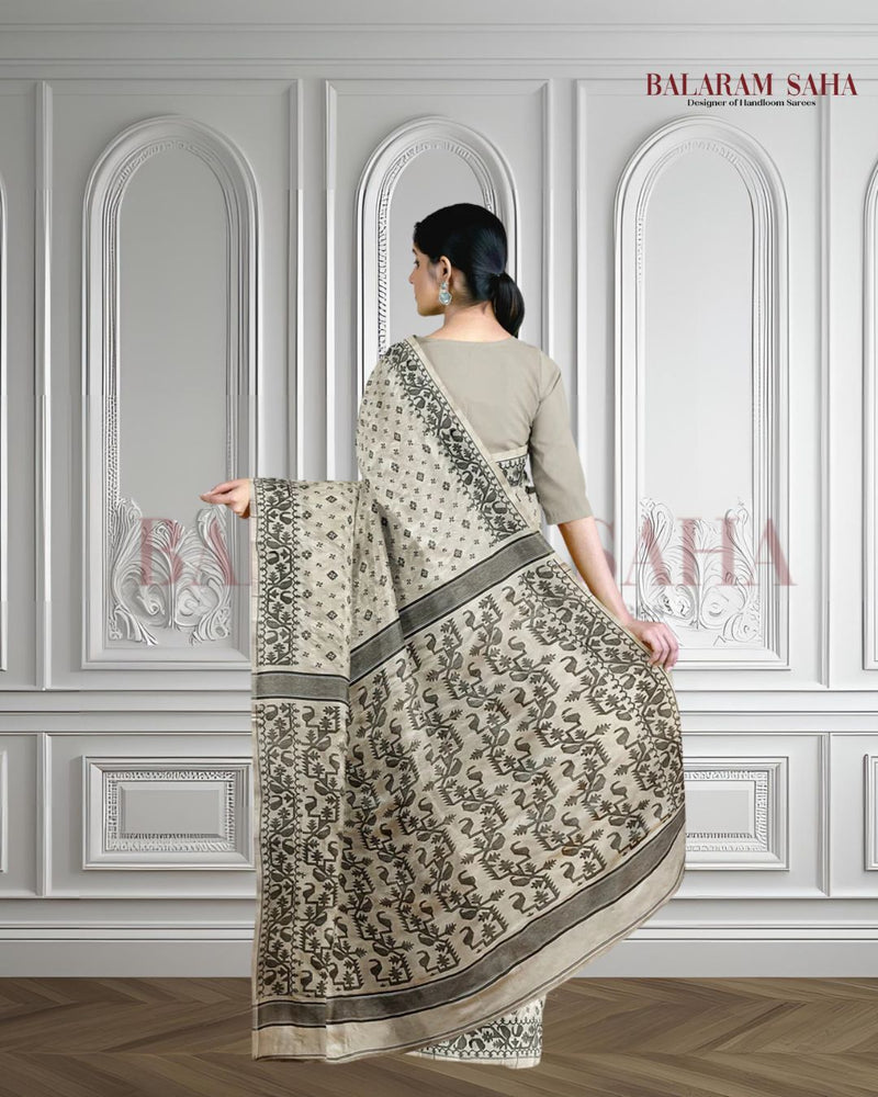 CREAM AND BLACK KATAN SILK SAREE Balaram Saha