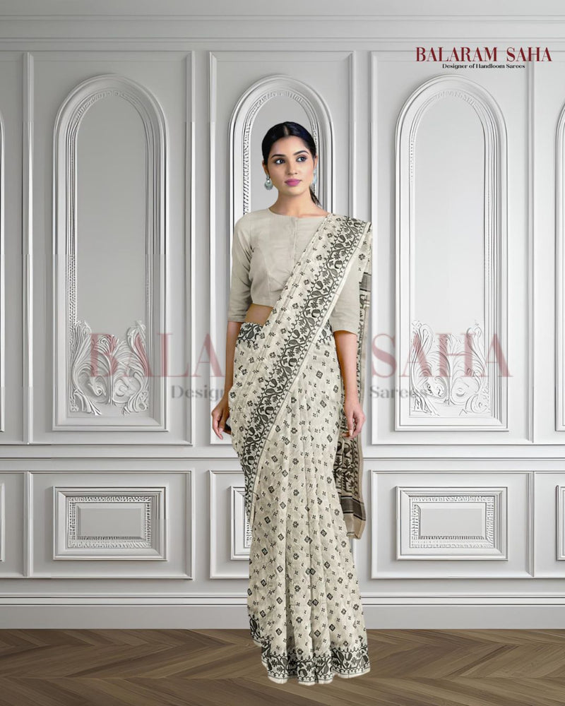 CREAM AND BLACK KATAN SILK SAREE Balaram Saha