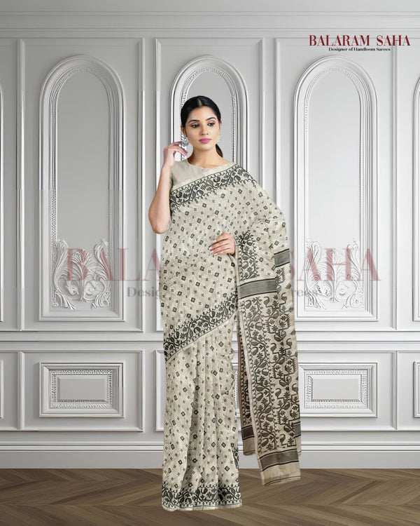 CREAM AND BLACK KATAN SILK SAREE Balaram Saha
