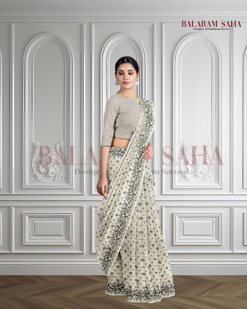 CREAM AND BLACK KATAN SILK SAREE Balaram Saha