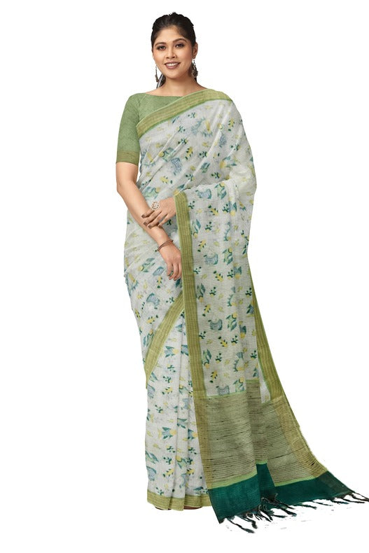 White & Green Handloom Soft Mulberry Printed Silk Saree Balaram Saha  https://www.rakuten.co.jp/