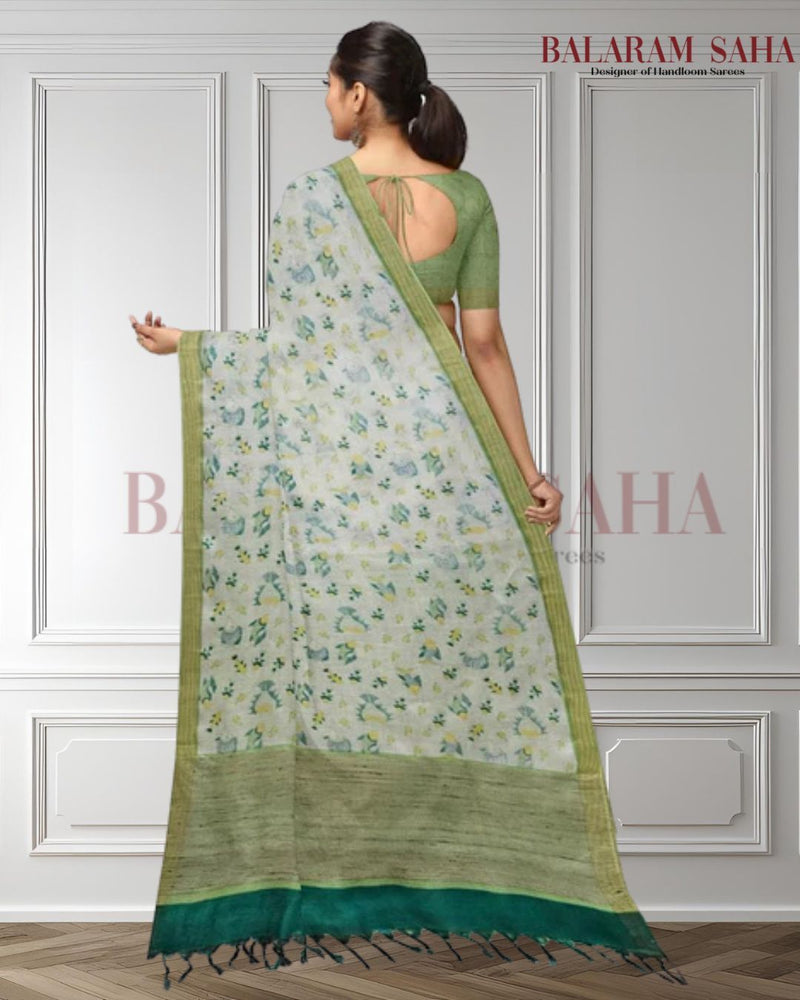 White & Green Handloom Soft Mulberry Printed Silk Saree Balaram Saha  https://www.wiley.com/en-in