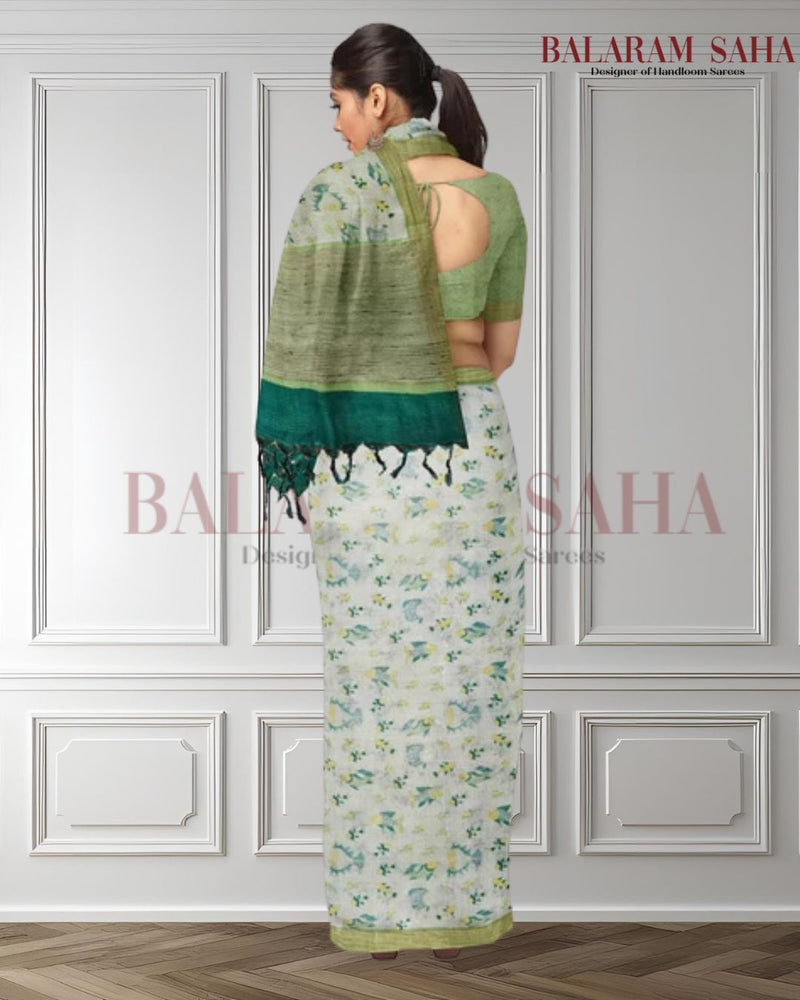 White & Green Handloom Soft Mulberry Printed Silk Saree Balaram Saha  https://time.com/