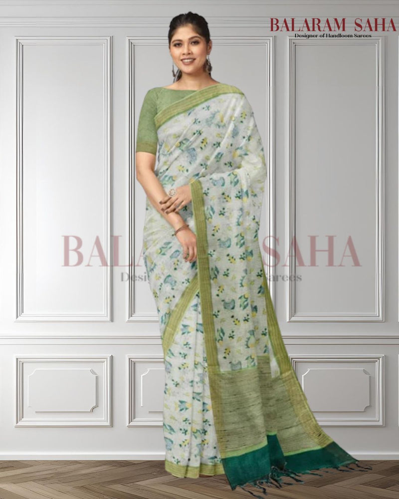 White & Green Handloom Soft Mulberry Printed Silk Saree Balaram Saha  https://www.rakuten.co.jp/