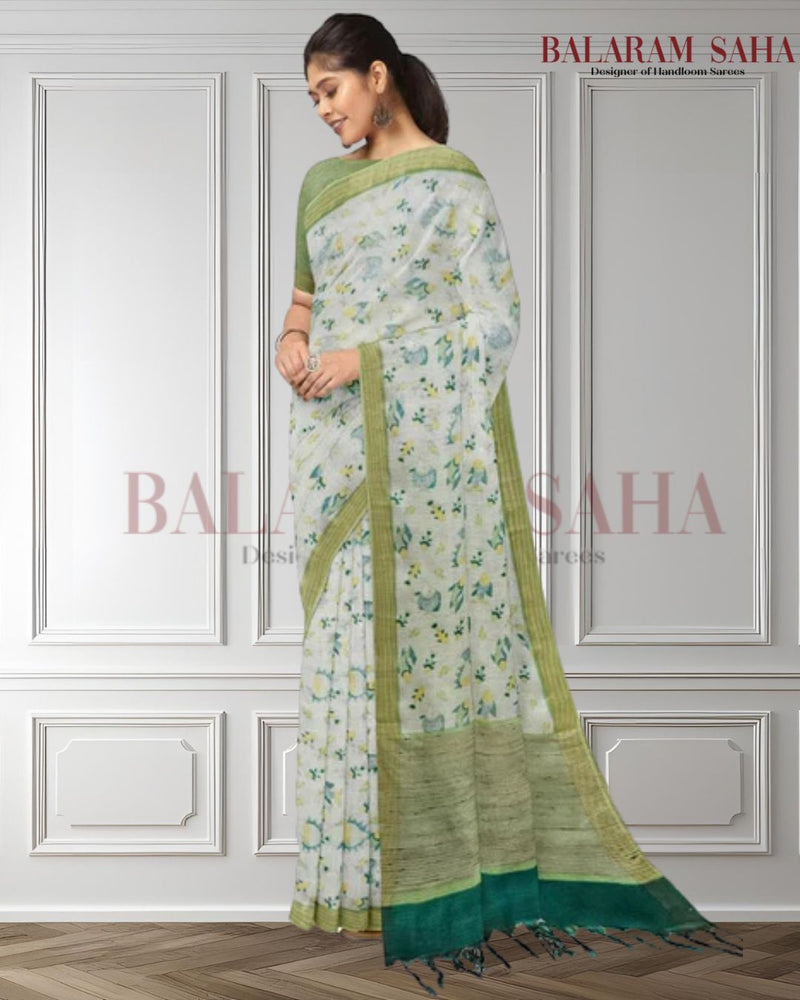 White & Green Handloom Soft Mulberry Printed Silk Saree Balaram Saha  https://www.foxnews.com/