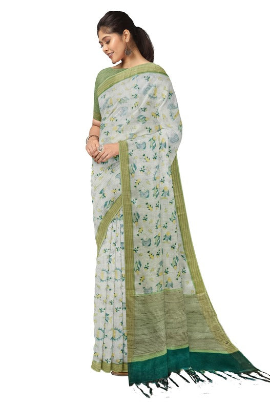 White & Green Handloom Soft Mulberry Printed Silk Saree Balaram Saha  https://www.foxnews.com/