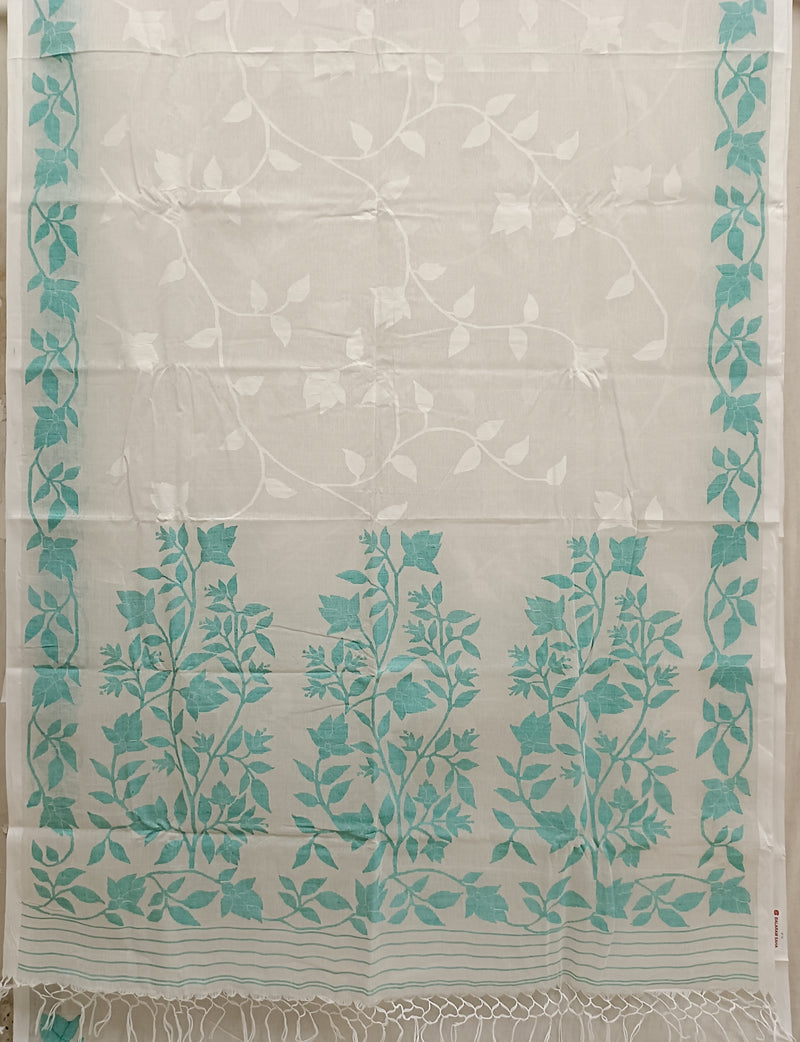 White & Green Fine Cotton Handwoven Dhakai Jamdani Saree Balaram Saha