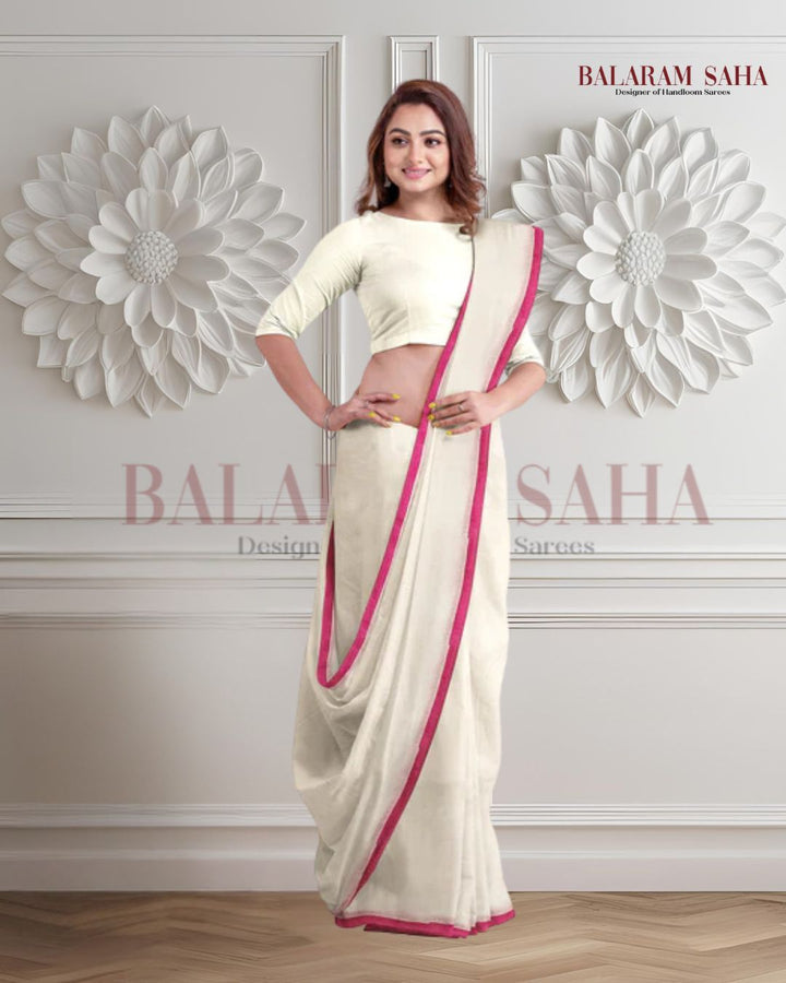 White & Purple Soft Handloom Mull Cotton Saree Balaram Saha