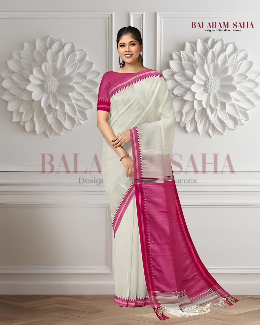 White & Rani-Pink Handloom Cotton Saree by Balaram Saha - (handloom saree, cotton saree, handloom cotton saree, balaram saha online, handloom sarees, cotton handloom saree, bengal handloom sarees, pure cotton, cotton saree for women, cotton saree online)
