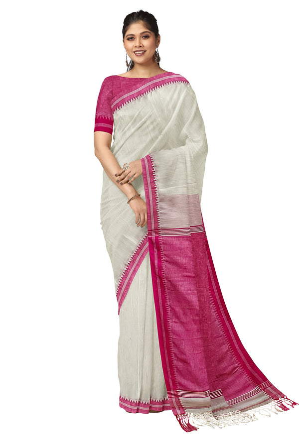 White & Rani-Pink Handloom Cotton Saree by Balaram Saha - (handloom saree, cotton saree, handloom cotton saree, balaram saha online, handloom sarees, cotton handloom saree, bengal handloom sarees, pure cotton, cotton saree for women, cotton saree online)