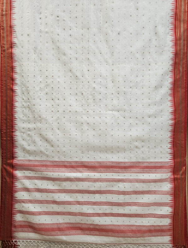 White & Red Handloom Resum Muslin Silk Saree With Sequin Woven