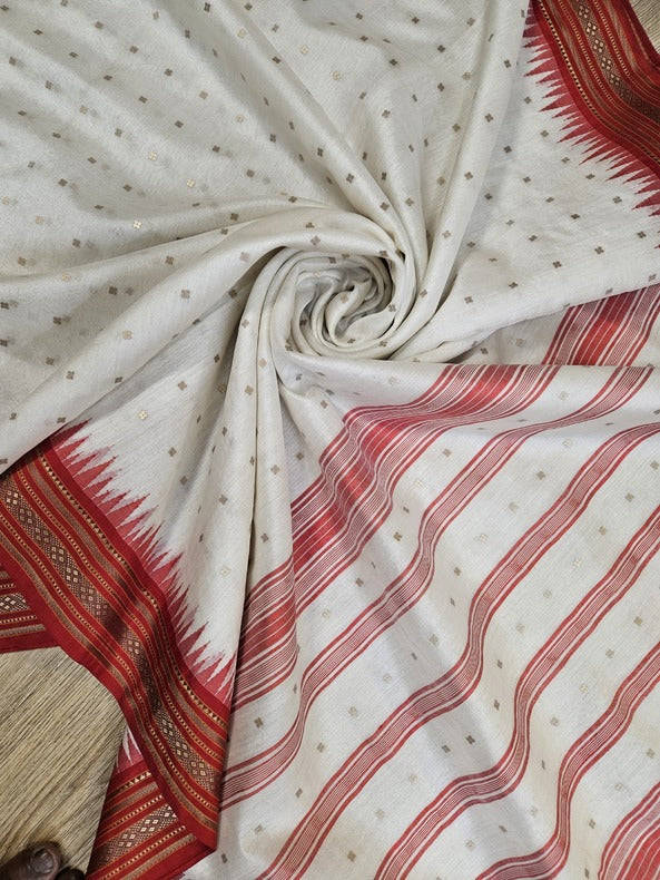 White & Red Handloom Resum Muslin Silk Saree With Sequin Woven