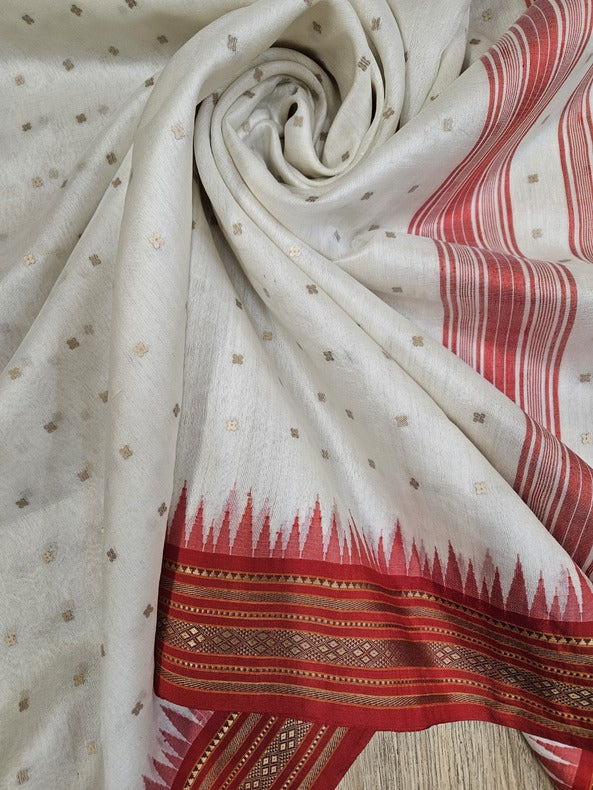 White & Red Handloom Resum Muslin Silk Saree With Sequin Woven