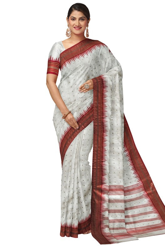 White & Red Handloom Resum Muslin Silk Saree With Sequin Woven