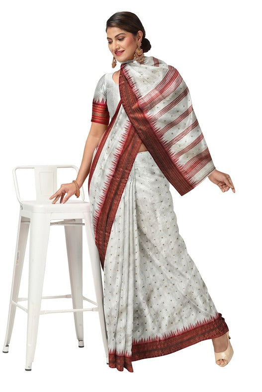 White & Red Handloom Resum Muslin Silk Saree With Sequin Woven