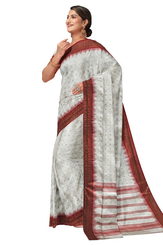 White & Red Handloom Resum Muslin Silk Saree With Sequin Woven