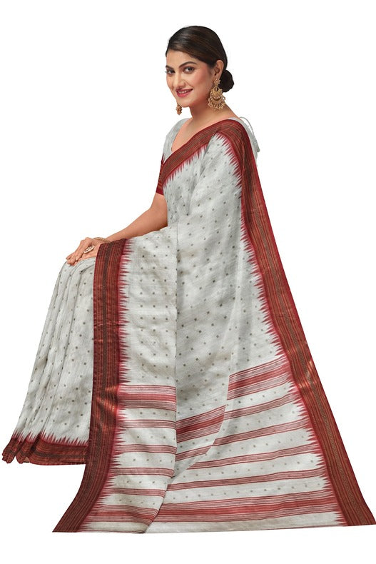 White & Red Handloom Resum Muslin Silk Saree With Sequin Woven