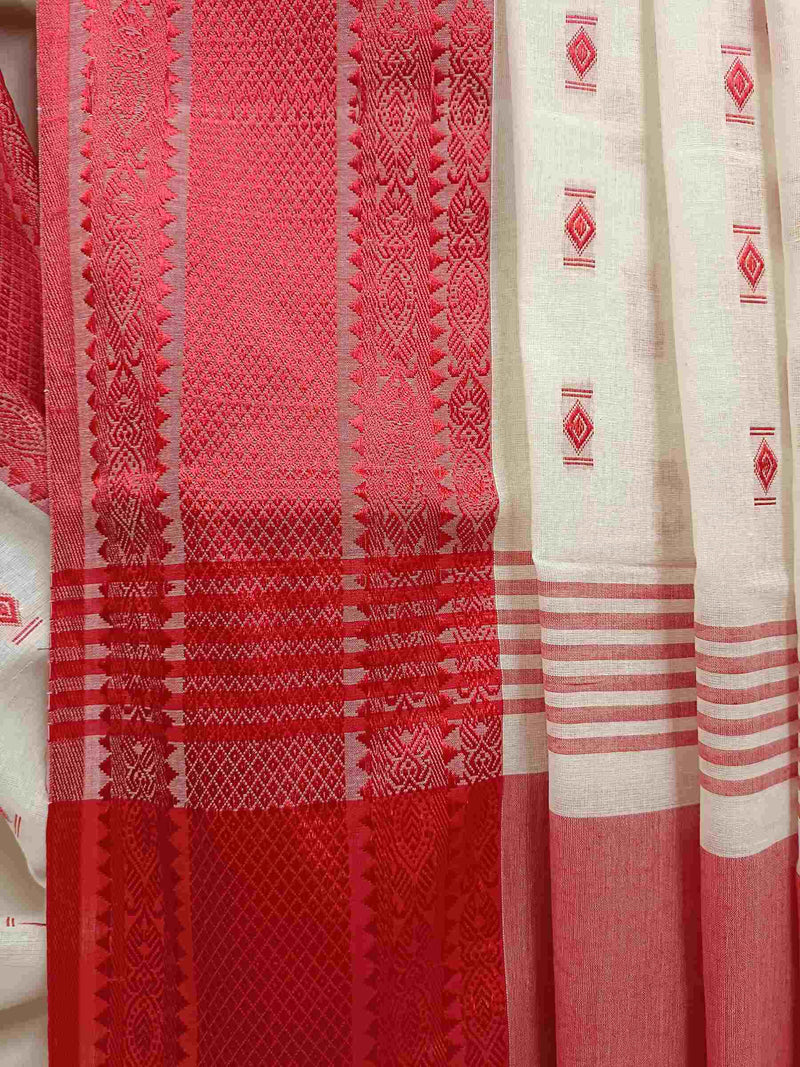 White & Red Fine Quality  Handloom Cotton Saree Balaram Saha