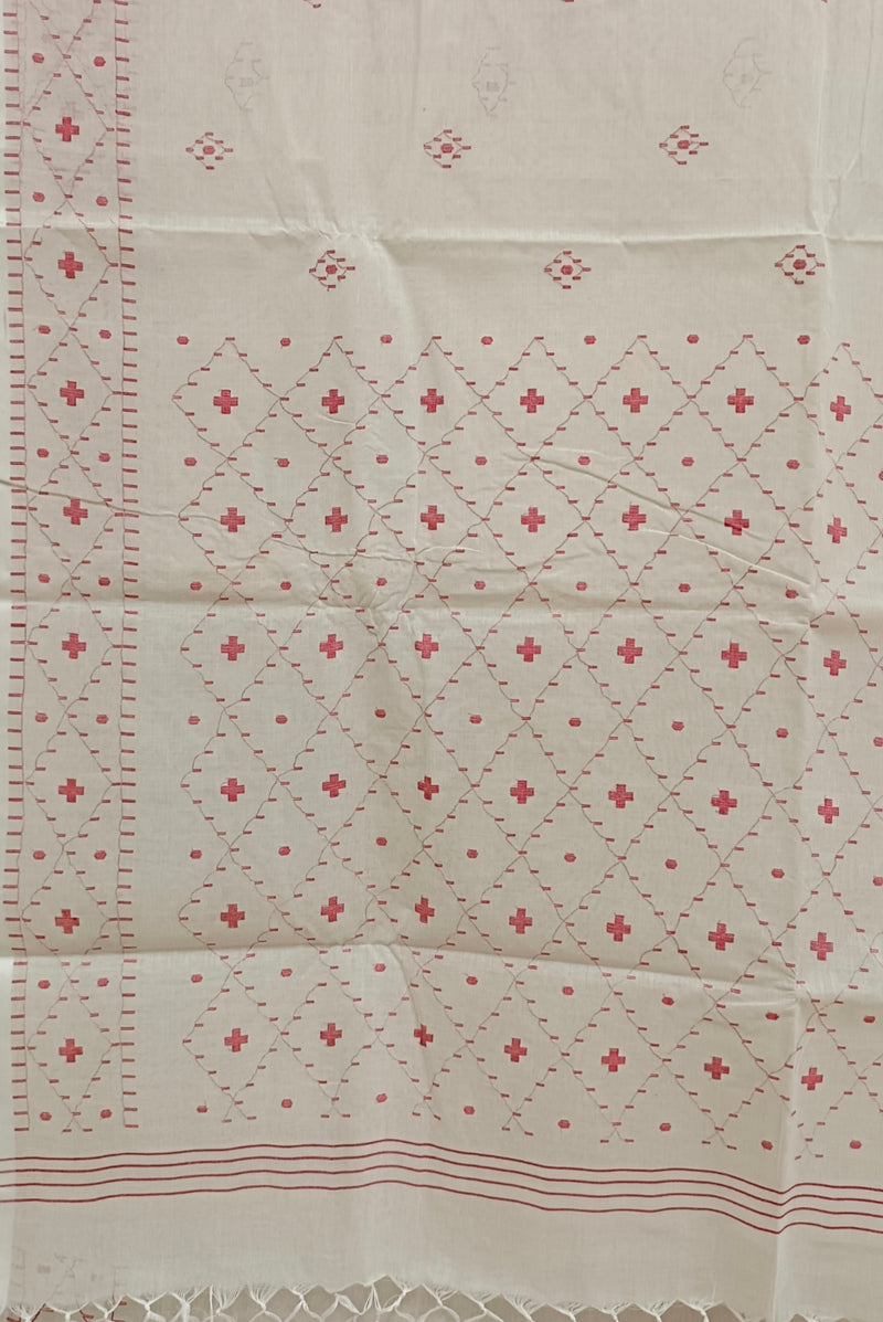 White & Red Handloom Handwoven  Dhakai Jamdani Saree Balaram Saha