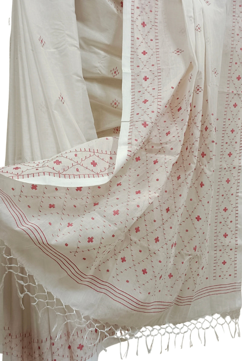 White & Red Handloom Handwoven  Dhakai Jamdani Saree Balaram Saha