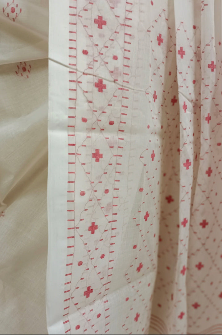 White & Red Handloom Handwoven  Dhakai Jamdani Saree Balaram Saha