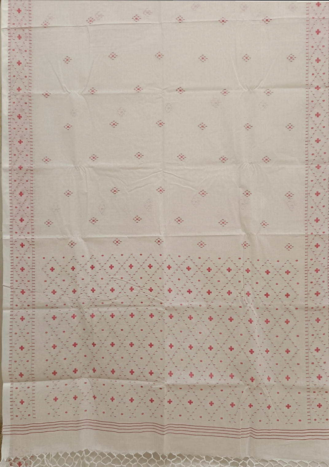 White & Red Handloom Handwoven  Dhakai Jamdani Saree Balaram Saha