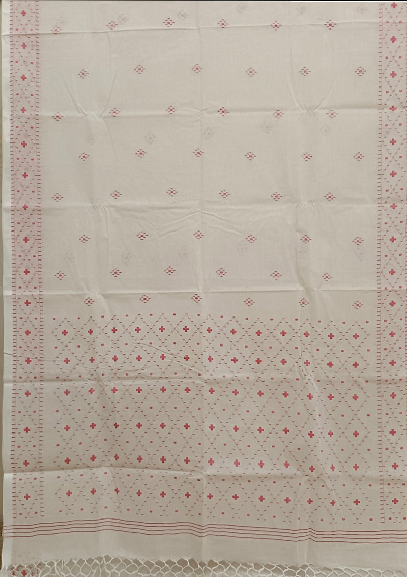 White & Red Handloom Handwoven  Dhakai Jamdani Saree Balaram Saha