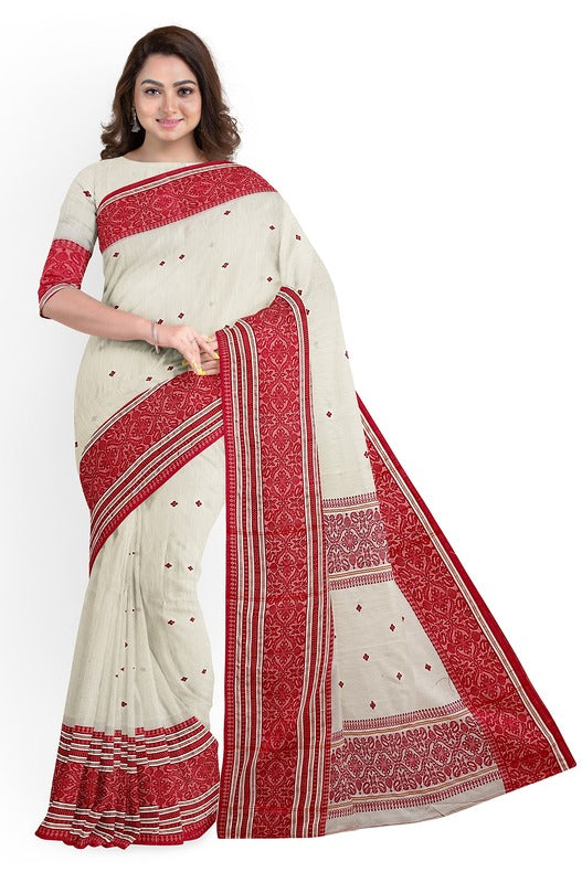White & Red Handloom Traditional Soft Cotton Saree Balaram Saha