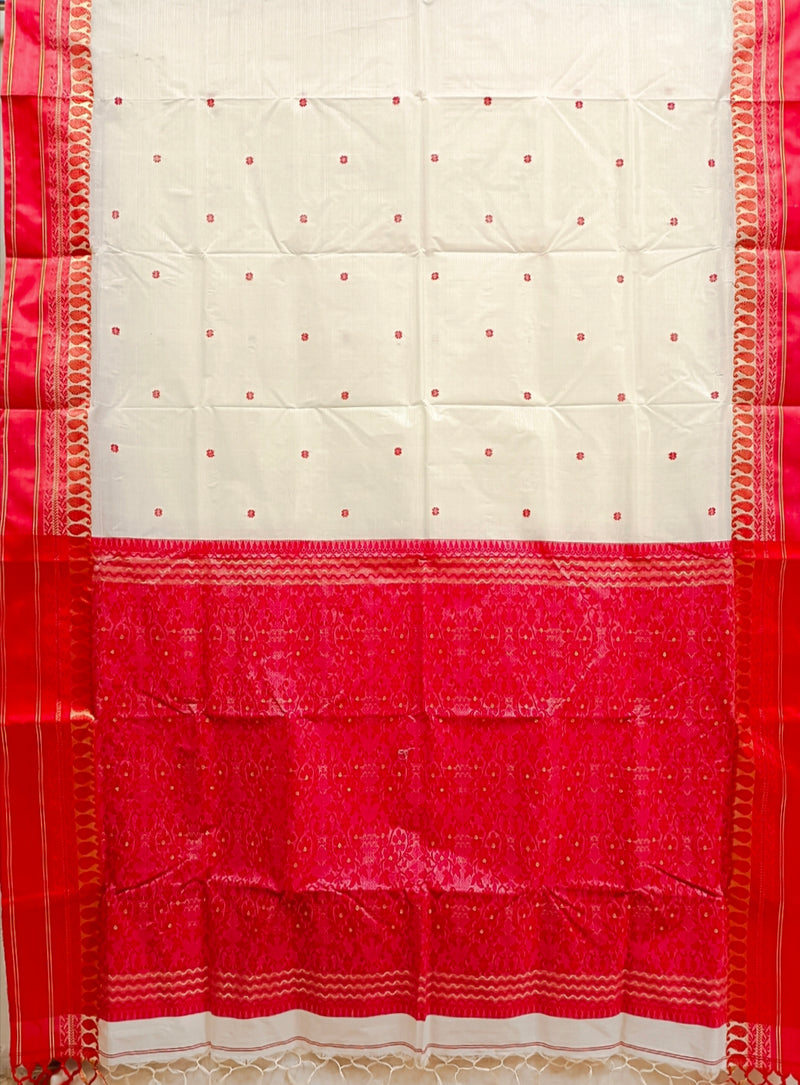 White & Red Handloom Traditional Gard Silk Saree Balaram Saha