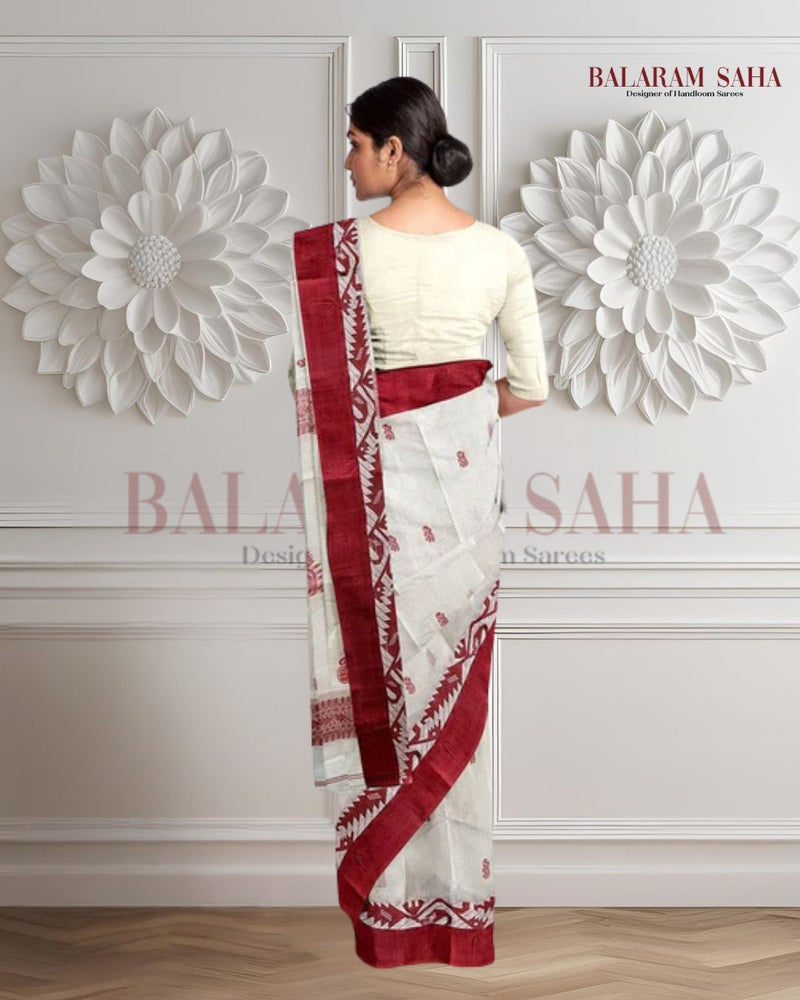 White & Red Handloom Tradition Tangail Cotton Saree By Balaram Saha - (handloom saree, cotton saree, handloom cotton saree, balaram saha online, handloom sarees, balaram saha handloom saree store photos, balaram saha handloom saree store, cotton