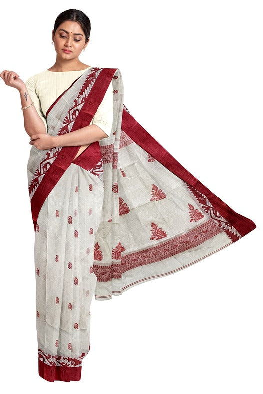 White & Red Handloom Tradition Tangail Cotton Saree By Balaram Saha - (handloom saree, cotton saree, handloom cotton saree, balaram saha online, handloom sarees, balaram saha handloom saree store photos, balaram saha handloom saree store, cotton handloom saree, bengal handloom sarees, pure cotton, cotton saree for women, cotton saree online)   https://www.pbs.org/