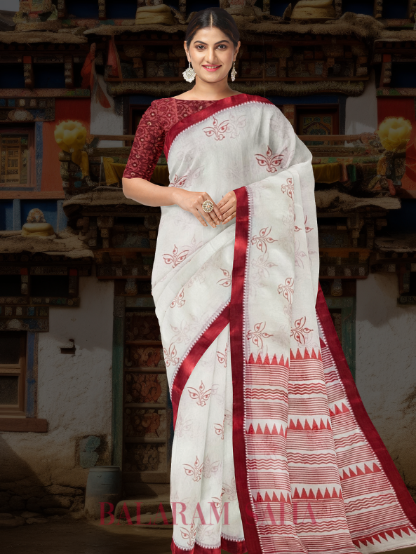 White & Red Handloom Traditional Cotton Saree With Maa Durga Print by Balaram Saha - (handloom saree, cotton saree, handloom cotton saree, balaram saha online, handloom sarees, cotton handloom saree, bengal handloom sarees, pure cotton, Zari border, handloom cotton saree with zari border, soft cotton saree with zari border, cotton saree for women, cotton saree online) https://www.linkedin.com/