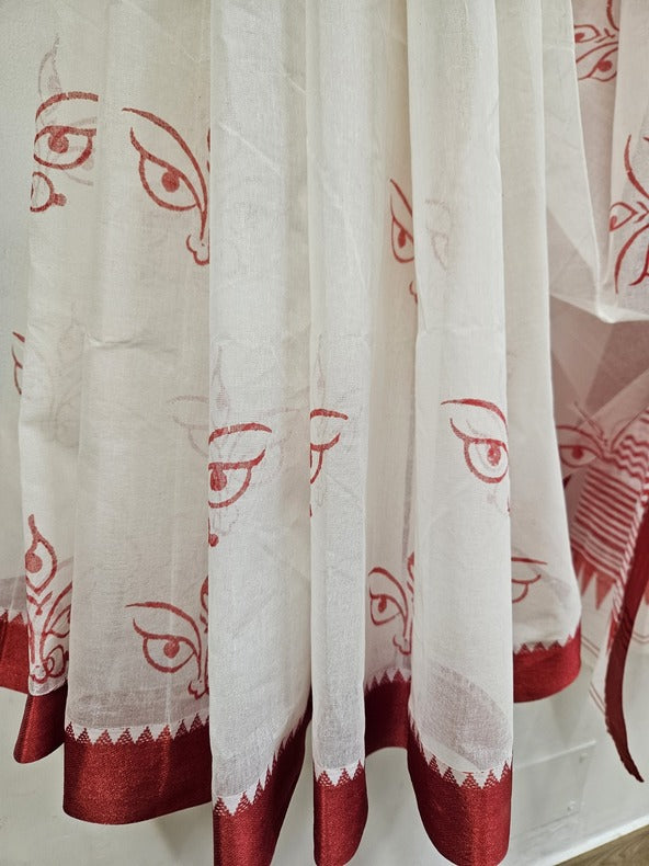 White & Red Handloom Traditional Cotton Saree With Maa Durga Print by Balaram Saha - (handloom saree, cotton saree, handloom cotton saree, balaram saha online, handloom sarees, cotton handloom saree, bengal handloom sarees, pure cotton, Zari border, handloom cotton saree with zari border, soft cotton saree with zari border, cotton saree for women, cotton saree online)  https://vimeo.com/