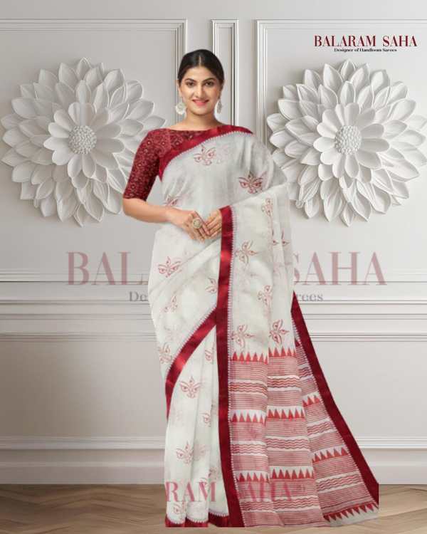 Balaram Saha's White & Red Handloom Traditional Cotton Saree With Maa Durga Print: Divine Elegance Balaram Saha