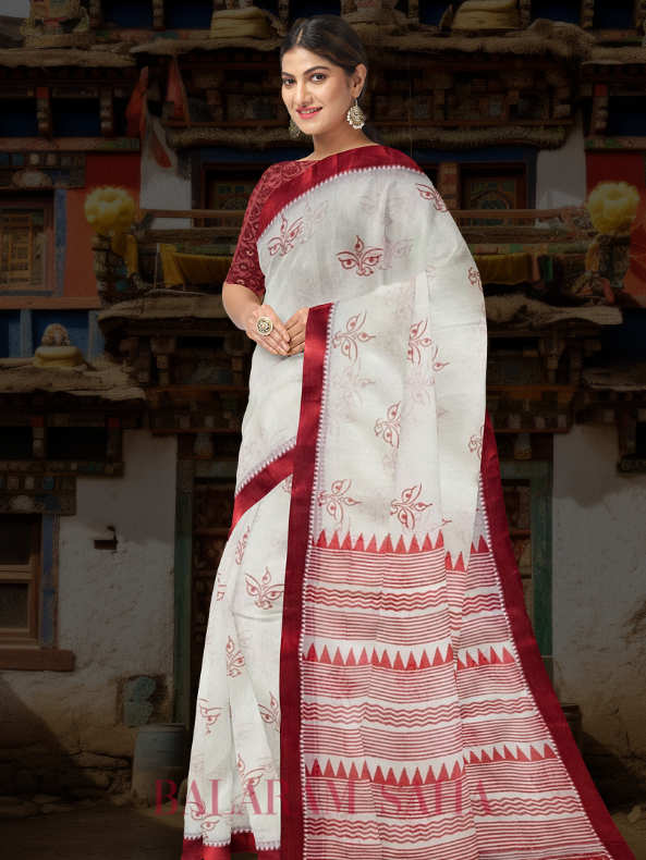 White & Red Handloom Traditional Cotton Saree With Maa Durga Print by Balaram Saha - (handloom saree, cotton saree, handloom cotton saree, balaram saha online, handloom sarees, cotton handloom saree, bengal handloom sarees, pure cotton, Zari border, handloom cotton saree with zari border, soft cotton saree with zari border, cotton saree for women, cotton saree online)  https://www.apple.com/