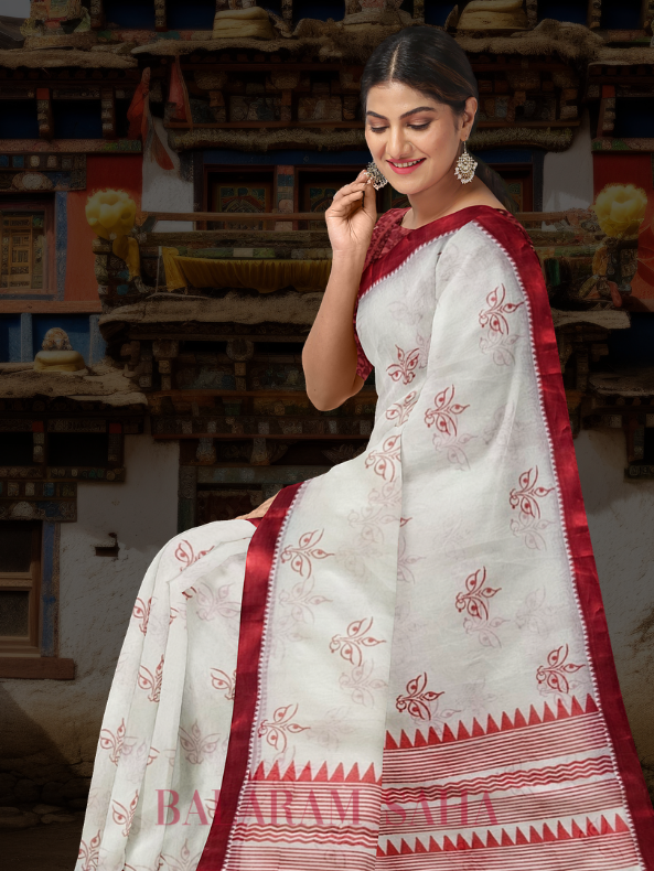 White & Red Handloom Traditional Cotton Saree With Maa Durga Print by Balaram Saha - (handloom saree, cotton saree, handloom cotton saree, balaram saha online, handloom sarees, cotton handloom saree, bengal handloom sarees, pure cotton, Zari border, handloom cotton saree with zari border, soft cotton saree with zari border, cotton saree for women, cotton saree online) https://wordpress.org/