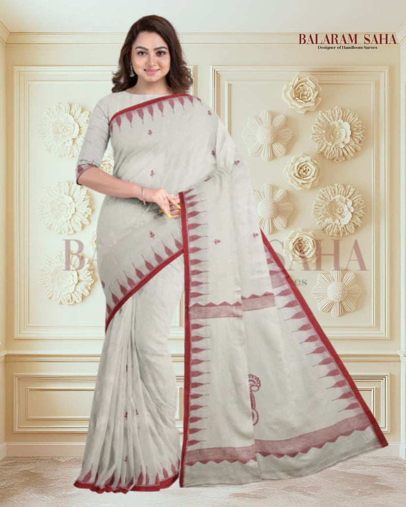 White & Red Handwoven Jamdani Saree for Durga Puja: by Balaram Saha - (dhakai jamdani saree, jamdani saree, jamdani sarees, cotton jamdani saree, jamdani cotton saree, handloom cotton saree, balaram saha online, jamdani saree online, soft jamdani saree, muslin jamdani saree, original dhakai jamdani saree, jamdani sarees, soft dhakai jamdani saree, white jamdani saree, jamdani saree bangladesh )
