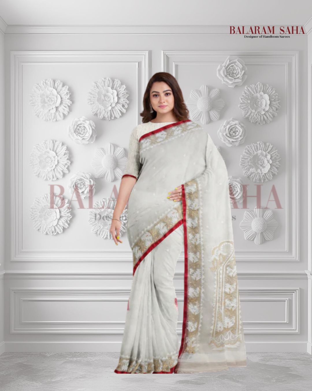 Pure Elegance: Balaram Saha's White & Red Muslin Silk Jamdani Saree  Balaram Saha