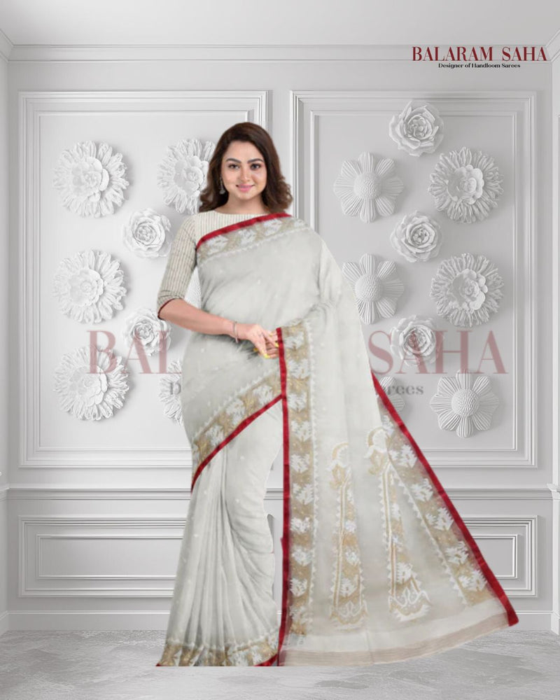 White & Red Handwoven Muslin Silk Jamdani Saree  (handloom saree, silk saree, handloom silk saree, balaram saha online, silk sarees, balaram saha handloom saree store photos, balaram saha handloom saree store, silk handloom saree, bengal handloom sarees, pure silk, muslin silk saree, muslin silk, silk saree online, jamdani saree, jamdani sarees, cotton jamdani saree, jamdani cotton saree, handloom cotton saree, balaram saha online, jamdani saree online, soft jamdani saree, dhakai jamdani saree)
