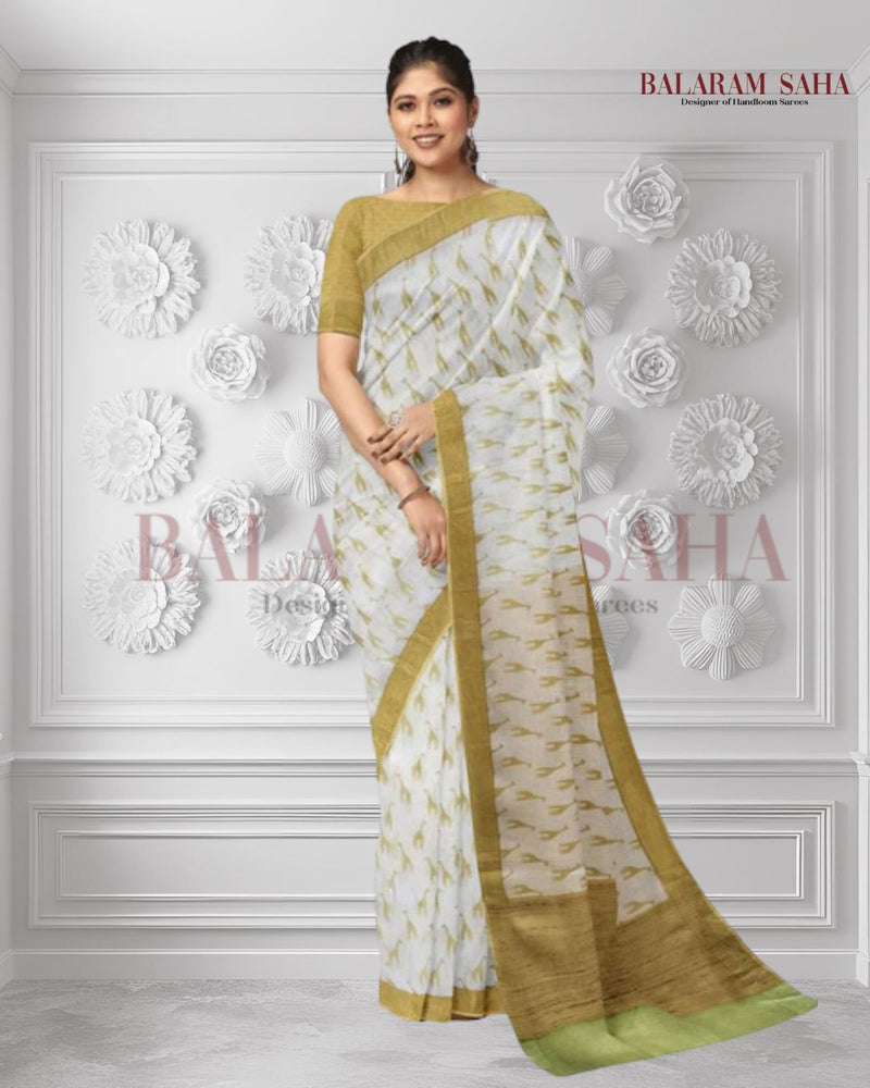 White Yellow Handloom Soft Mulberry Printed Silk Saree by Balaram Saha - (handloom saree, Zari border, silk saree, handloom silk saree, balaram saha online, silk sarees, silk handloom saree, bengal handloom sarees, pure silk, silk saree online, bengali silk saree) https://www.imdb.com/