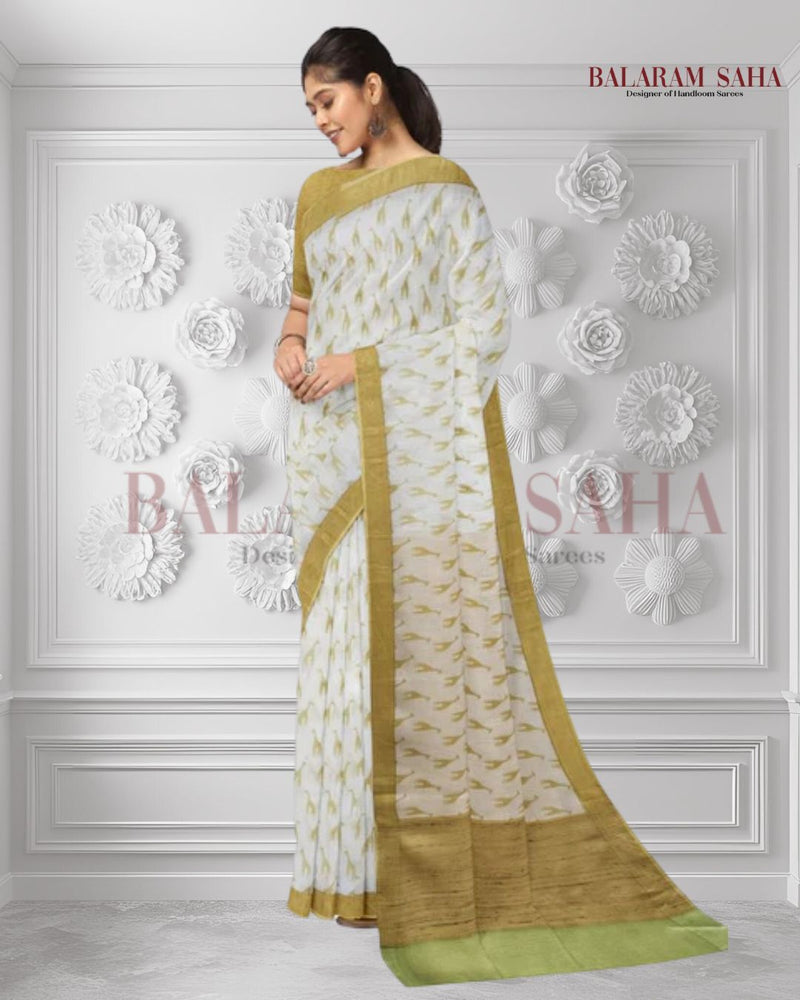 White Yellow Handloom Soft Mulberry Printed Silk Saree by Balaram Saha - (handloom saree, Zari border, silk saree, handloom silk saree, balaram saha online, silk sarees, silk handloom saree, bengal handloom sarees, pure silk, silk saree online, bengali silk saree)
