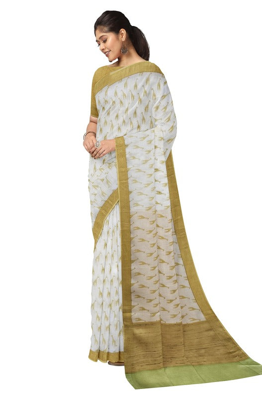 White Yellow Handloom Soft Mulberry Printed Silk Saree by Balaram Saha - (handloom saree, Zari border, silk saree, handloom silk saree, balaram saha online, silk sarees, silk handloom saree, bengal handloom sarees, pure silk, silk saree online, bengali silk saree)