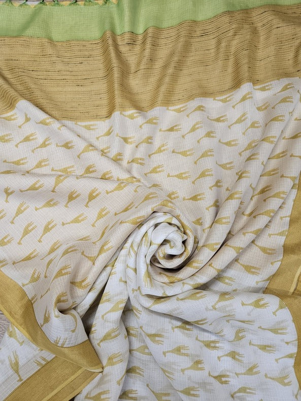 White Yellow Handloom Soft Mulberry Printed Silk Saree by Balaram Saha - (handloom saree, Zari border, silk saree, handloom silk saree, balaram saha online, silk sarees, silk handloom saree, bengal handloom sarees, pure silk, silk saree online, bengali silk saree)