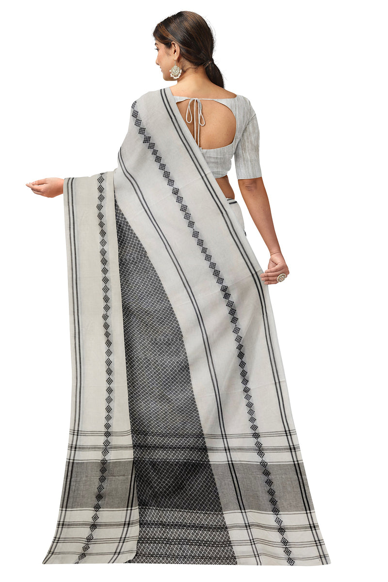 White & Black Handloom Soft Traditional Dhonekali Cotton Saree Balaram Saha