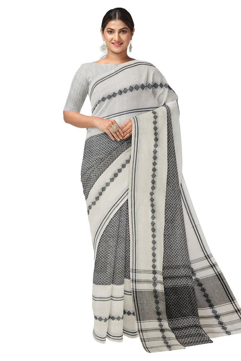 White & Black Handloom Soft Traditional Dhonekali Cotton Saree Balaram Saha