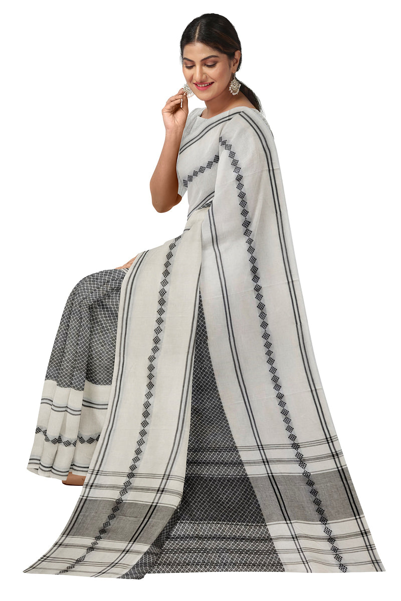 White & Black Handloom Soft Traditional Dhonekali Cotton Saree Balaram Saha